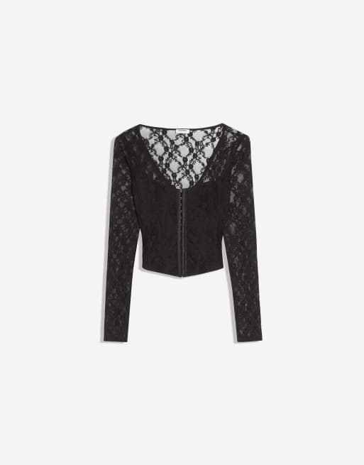 Bershka T-shirt corset en dentelle à manches longues noir, 5 de 5