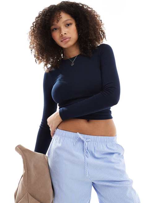 Bershka - T-shirt corta a maniche lunghe blu navy