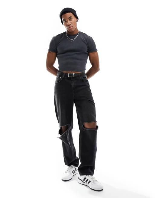 Bershka - T-shirt corta grigio slavato a coste