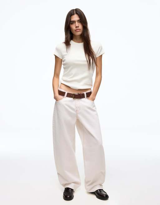 Bershka - T-shirt côtelé basique à manches courtes - Blanc, 3 de 4