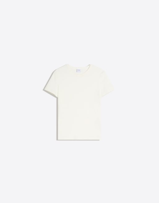 Bershka - T-shirt côtelé basique à manches courtes - Blanc, 4 de 4
