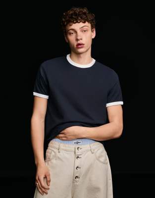 Bershka - T-shirt côtelé contrastant à manches courtes - Bleu-Bleu marine