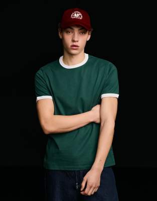 Bershka - T-shirt côtelé contrastant à manches courtes - Vert