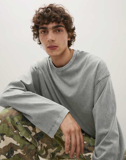 Bershka t-shirt coupe carrée à manches longues en gris foncé, 3 de 5