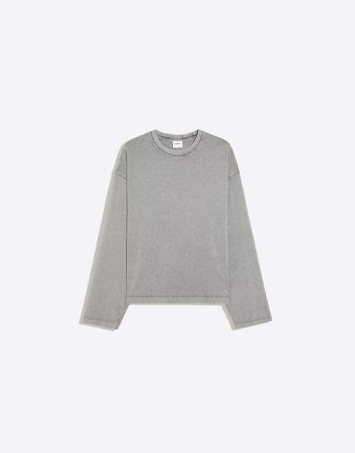 Bershka t-shirt coupe carrée à manches longues en gris foncé, 5 de 5