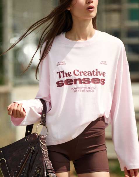 Bershka - T-shirt coupe carrée à manches longues et imprimé - Rose - view 1