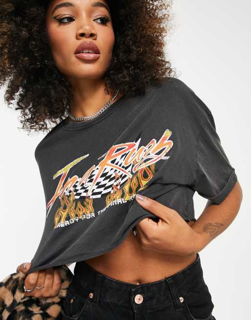 Bershka - T-shirt crop top à imprimé course - Gris, 2 de 4