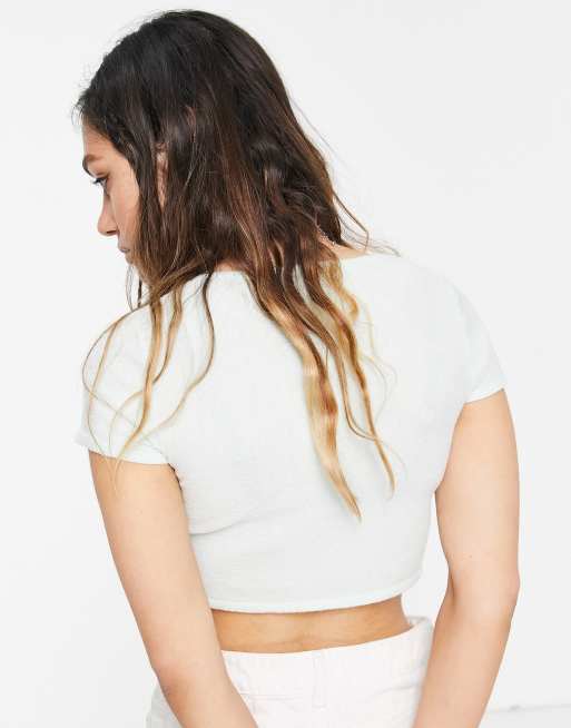 Bershka - T-shirt crop top en tissu éponge - Vert menthe, 2 de 4