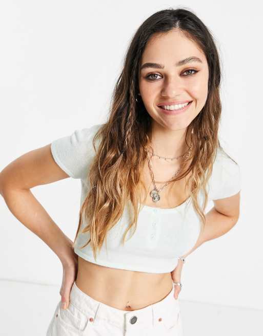Bershka - T-shirt crop top en tissu éponge - Vert menthe, 3 de 4