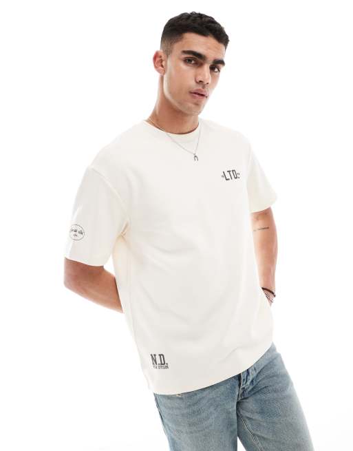 Bershka - T-shirt écru pesante con stampa, 3 di 4