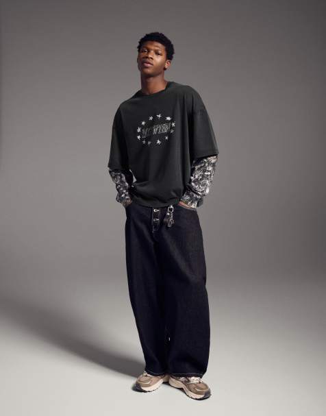 Bershka - T-shirt effet double épaisseur avec manches longues imprimées - Noir - view 1