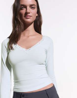 T-shirt en dentelle à manches longues - Bleu clair XS