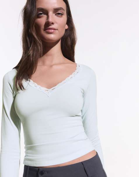 Bershka - T-shirt en dentelle à manches longues - Bleu clair - view 1