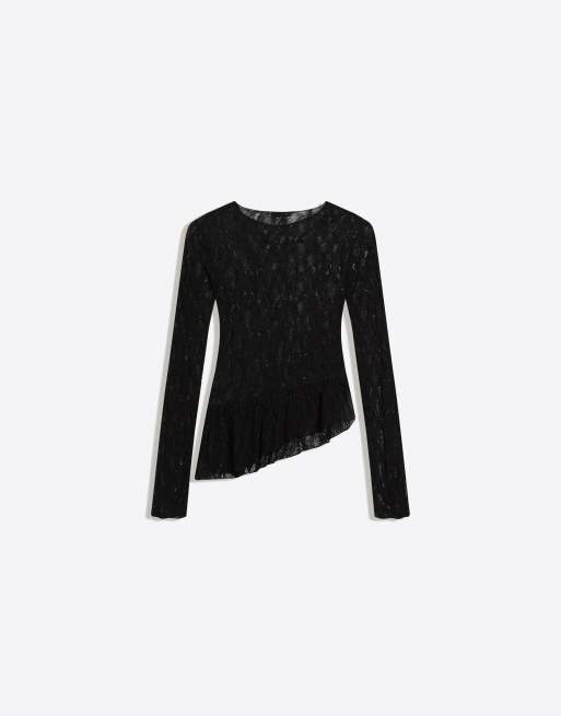 Bershka - T-shirt en dentelle à manches longues et volants - Noir, 4 de 4