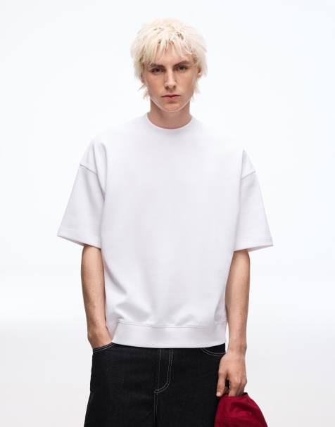 Bershka - T-shirt en molleton côtelé à manches courtes - Blanc - view 1