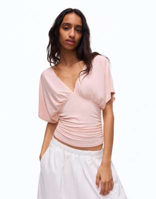 T-shirt froncé à col V - Rose L