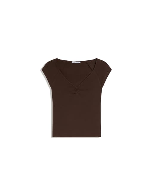 Bershka - T-shirt froncé à manches courtes - Marron, 4 de 4