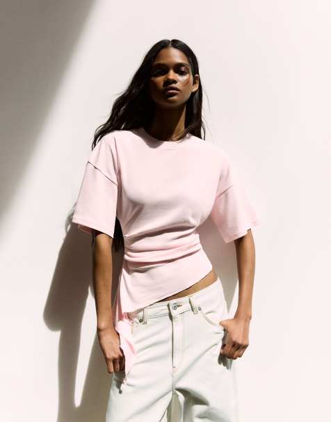 Bershka - T-shirt froncé à manches courtes - Rose - view 1