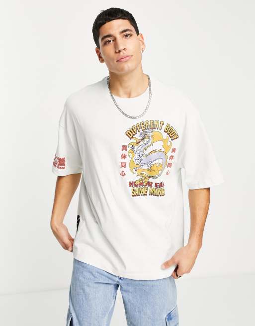 Bershka - T-Shirt grigia con stampa di drago sul retro, 2 di 4