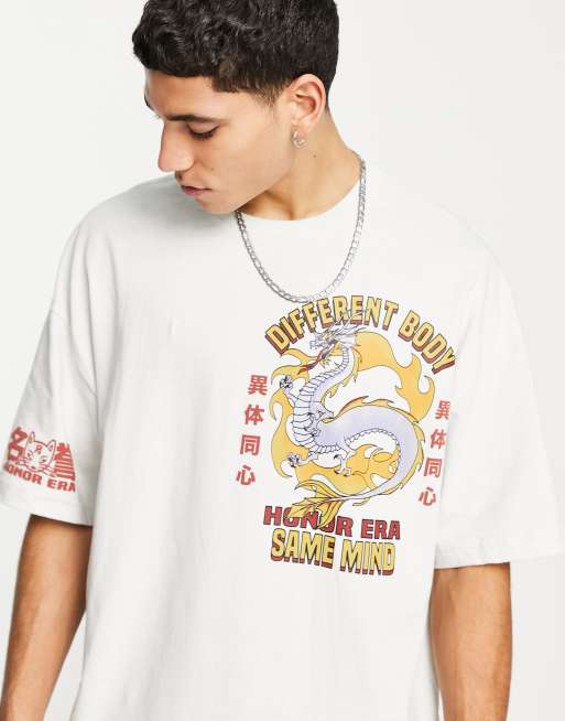 Bershka - T-Shirt grigia con stampa di drago sul retro, 3 di 4