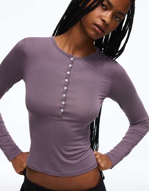 Bershka t-shirt Henley à manches longues violet, 2 de 5