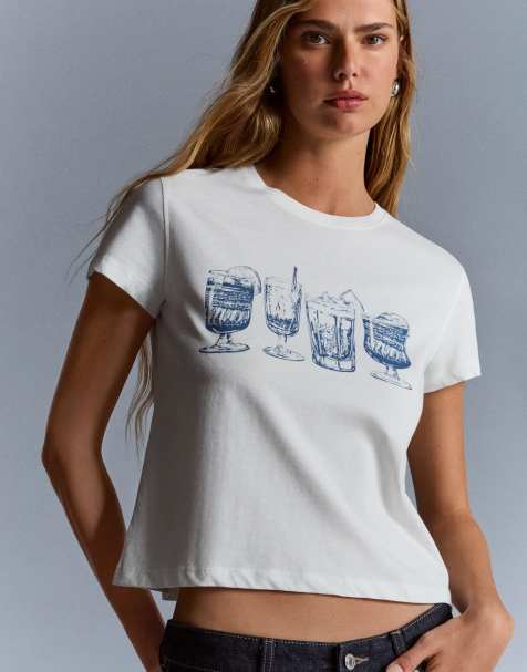 Bershka - T-shirt imprimé à manches courtes - Blanc - view 1