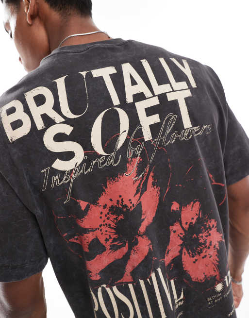 Bershka – T-Shirt in Anthrazit mit „Brutally Soft“-Grafik auf der Rückseite, 2 von 4
