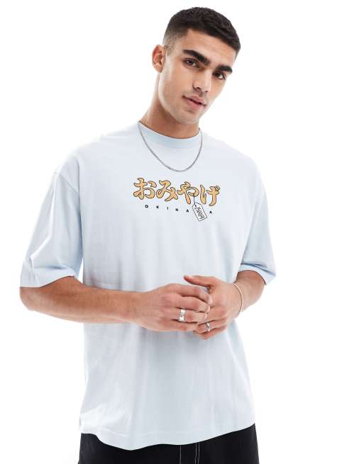 Bershka – T-Shirt in Blau mit japanischem Rücken-Print, 2 von 4