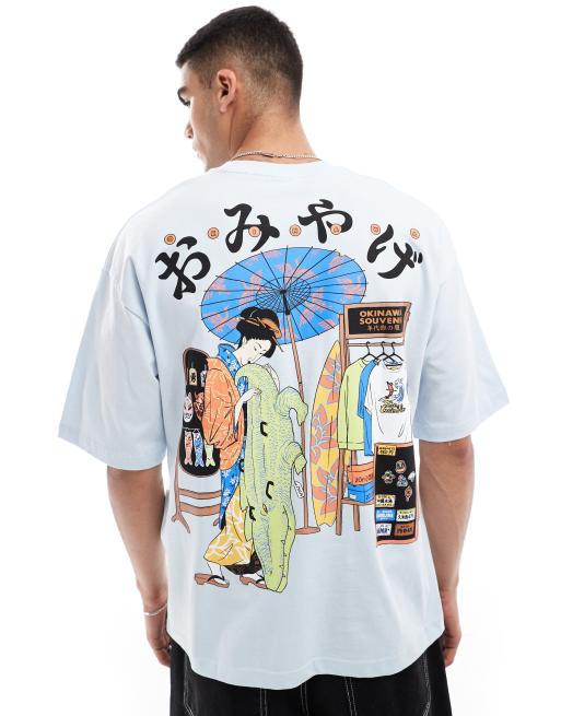 Bershka – T-Shirt in Blau mit japanischem Rücken-Print, 4 von 4