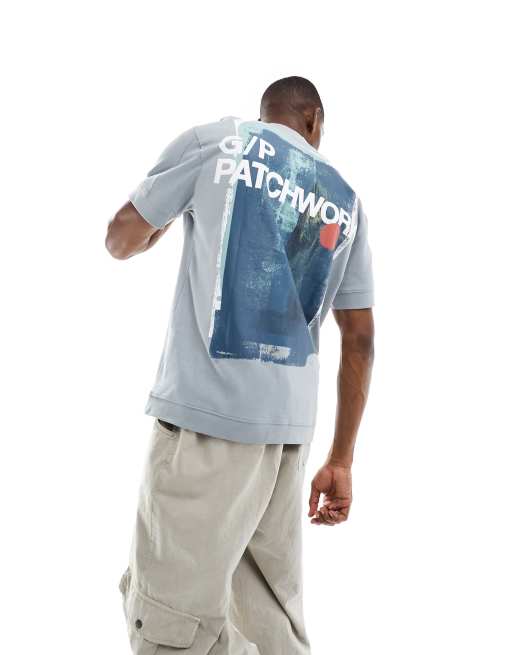 Bershka – T-Shirt in Blau mit „Patchwork“-Print