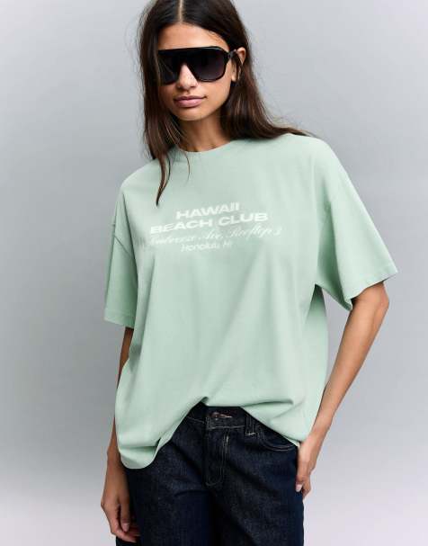 Bershka – T-Shirt in Grün mit Print - view 1