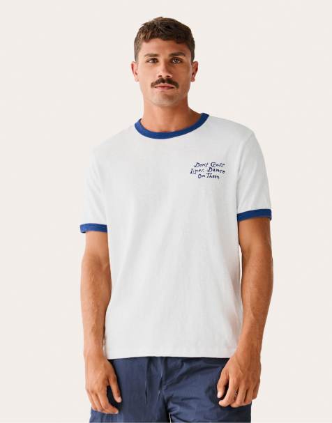 Bershka – T-Shirt in Jeansblau mit geripptem Kontrast-Detail und Stickerei - view 1