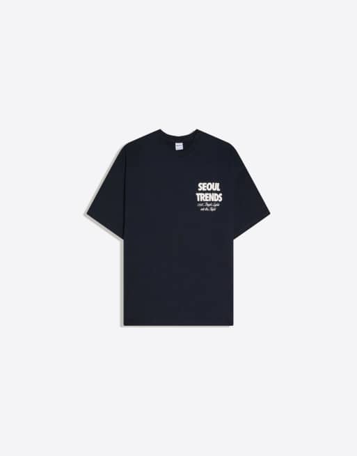Bershka – T-Shirt in Marineblau mit Print, 4 von 4
