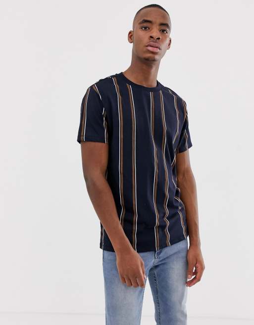 Bershka t-shirt in navy with vertical stripes | ASOS