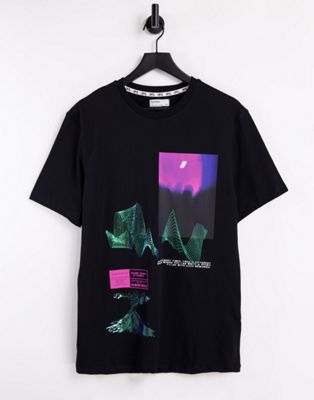 Bershka – T-Shirt in Schwarz mit Folienprint
