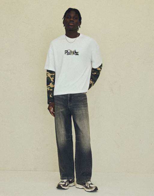 Bershka – T-Shirt in Weiß mit zweilagigem Ärmel-Design und Print, 4 von 5