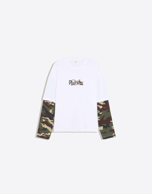 Bershka – T-Shirt in Weiß mit zweilagigem Ärmel-Design und Print, 5 von 5