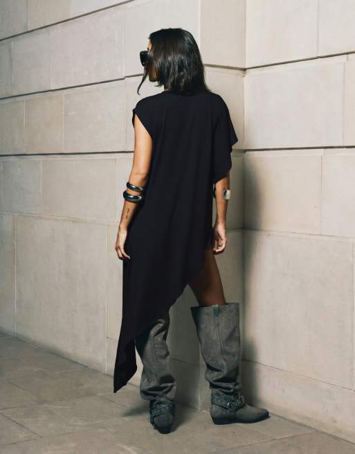 Bershka t-shirt long asymétrique noir, 3 de 5