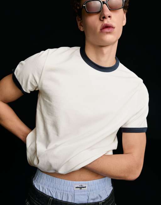 Bershka - T-shirt manches courtes contrastant - Blanc, 3 de 4