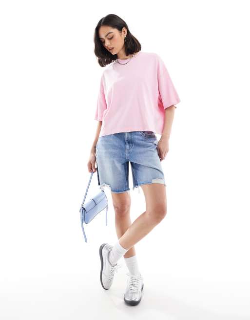 Bershka - T-shirt manches courtes épais coupe carrée - Rose, 4 de 4