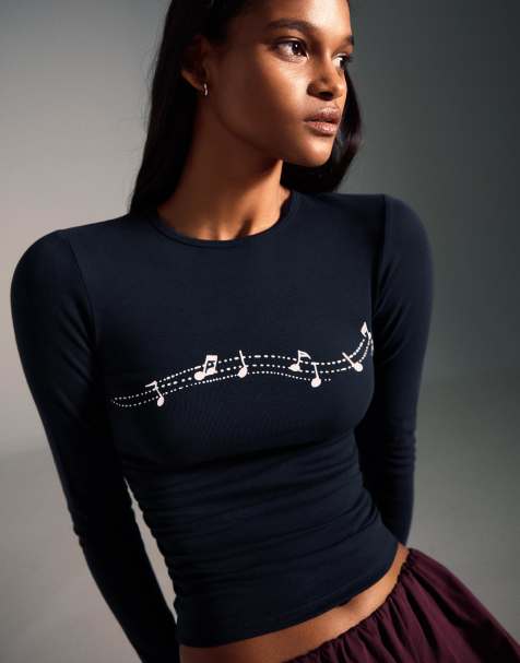 Bershka - T-shirt manches longues froncé à imprimé - Bleu marine - view 1