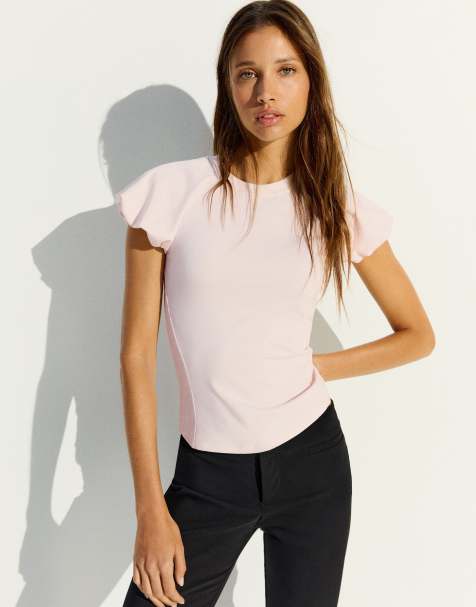 Bershka T-shirt med ballonærmer og raglanærmer i pink - view 1