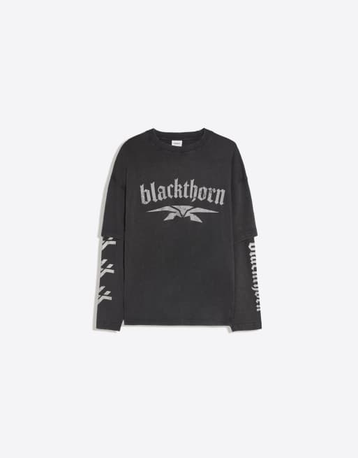Bershka T-shirt med dobbelte ærmer i vasket grå, 5 af 6