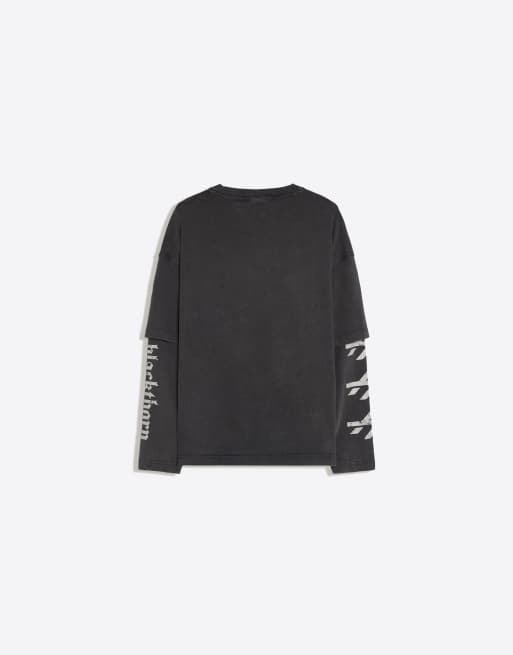 Bershka t-shirt med dubbla ärmar i tvättad grå, 6 av 6