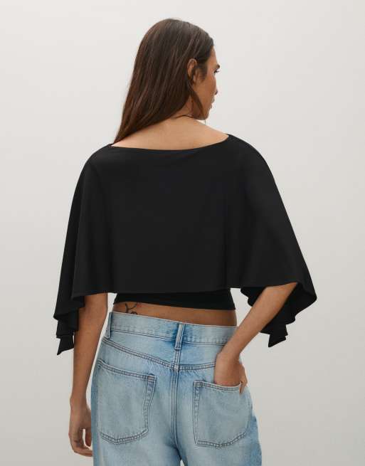 Bershka T-shirt med kappeærmer i sort, 3 af 5