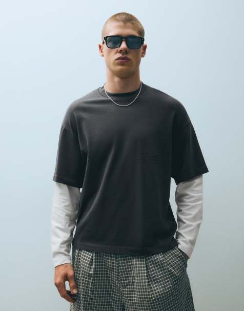 Bershka T-shirt med kontrast og dobbelte ærmer i grå og sort - view 1
