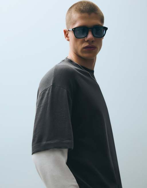 Bershka T-shirt med kontrast og dobbelte ærmer i grå og sort, 2 af 5