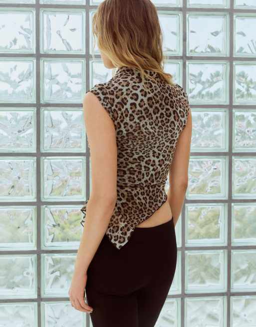 Bershka t-shirt med korta ärmar i tyll med leopardmönster i brunt, 3 av 5