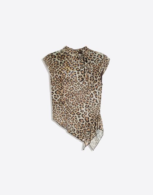 Bershka t-shirt med korta ärmar i tyll med leopardmönster i brunt, 5 av 5