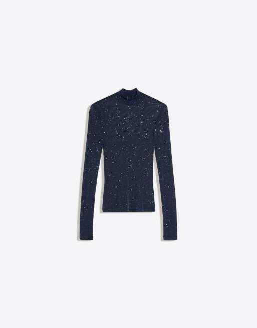 Bershka T-shirt med metallisk tråd og lange ærmer i navy, 5 af 5